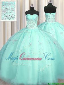 Really Puffy Turquoise Sleeveless Floor Length Beading and Appliques Zipper Sweet 16 Dresses