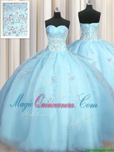 Big Puffy Sweetheart Sleeveless Quinceanera Dresses Floor Length Beading and Appliques Baby Blue Organza