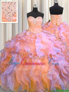 Unique Sleeveless Floor Length Beading and Appliques and Ruffles Lace Up Quinceanera Gown with Multi-color