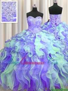 Attractive Sleeveless Organza Floor Length Lace Up Sweet 16 Quinceanera Dress in Multi-color for with Beading and Appliques and Ruffles