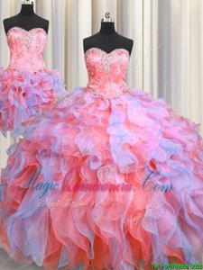 Three Piece Floor Length Lace Up Quinceanera Gowns Multi-color and In for Military Ball and Sweet 16 and Quinceanera with Beading and Appliques and Ruffles