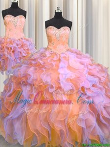 Three Piece Multi-color Sweetheart Neckline Beading and Appliques and Ruffles 15 Quinceanera Dress Sleeveless Lace Up