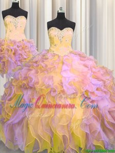 Glorious Three Piece Sweetheart Sleeveless Organza Quince Ball Gowns Beading and Appliques and Ruffles Lace Up