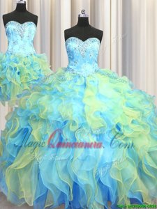 Three Piece Multi-color Vestidos de Quinceanera Military Ball and Sweet 16 and Quinceanera and For with Beading and Appliques and Ruffles Sweetheart Sleeveless Lace Up