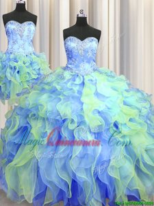 Three Piece Multi-color Lace Up Sweetheart Beading and Appliques and Ruffles 15th Birthday Dress Organza Sleeveless