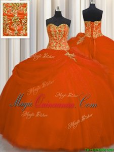 Orange Red Tulle Lace Up 15th Birthday Dress Sleeveless Floor Length Beading