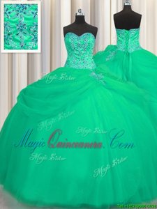 Dazzling Big Puffy Turquoise Sweet 16 Quinceanera Dress Military Ball and Sweet 16 and Quinceanera and For with Beading Sweetheart Sleeveless Lace Up