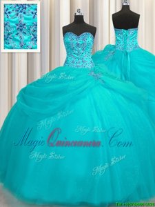Clearance Puffy Skirt Aqua Blue Lace Up Sweetheart Beading Quinceanera Dress Organza Sleeveless