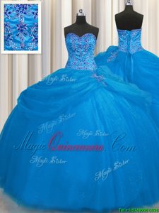 Glamorous Really Puffy Blue Sleeveless Beading Floor Length Quinceanera Dress