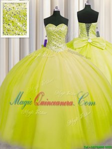 Adorable Really Puffy Yellow Green and Light Yellow Sweetheart Neckline Beading Quinceanera Dress Sleeveless Lace Up