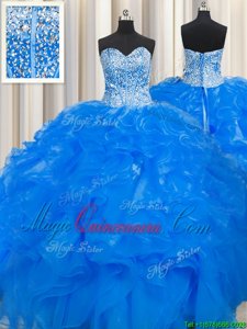 Sweet Visible Boning Beaded Bodice Blue Ball Gowns Organza Sweetheart Sleeveless Beading and Ruffles Floor Length Lace Up Quinceanera Gowns