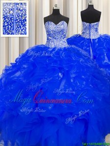 Visible Boning Beaded Bodice Royal Blue Quinceanera Dresses Military Ball and Sweet 16 and Quinceanera and For with Beading and Ruffles Sweetheart Sleeveless Lace Up