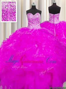 Captivating Visible Boning Beaded Bodice Fuchsia Organza Lace Up 15 Quinceanera Dress Sleeveless Floor Length Beading and Ruffles