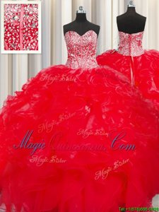 Colorful Visible Boning Beaded Bodice Red Sleeveless Floor Length Beading and Ruffles Lace Up Quince Ball Gowns