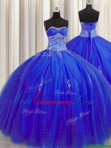 Fashionable Puffy Skirt Floor Length Royal Blue 15 Quinceanera Dress Sweetheart Sleeveless Lace Up