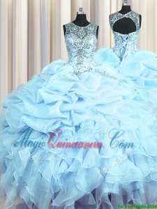 Sexy See Through Ball Gowns Sweet 16 Dress Light Blue Scoop Organza Sleeveless Floor Length Lace Up