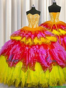 High Quality Bling-bling Visible Boning Multi-color Sweetheart Lace Up Beading and Ruffles and Ruffled Layers and Sequins 15th Birthday Dress Sleeveless