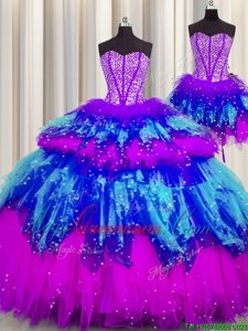 Attractive Three Piece Visible Boning Floor Length Lace Up Quinceanera Gown Multi-color and In for Military Ball and Sweet 16 and Quinceanera with Beading and Ruffles and Ruffled Layers and Sequins