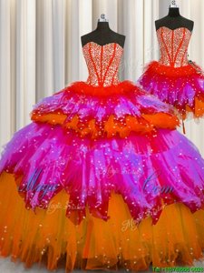 Graceful Three Piece Visible Boning Multi-color Lace Up 15th Birthday Dress Beading Sleeveless Floor Length