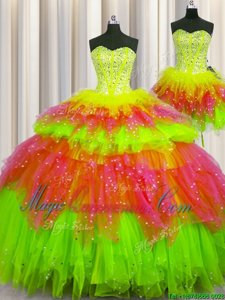 Graceful Three Piece Visible Boning Sweetheart Sleeveless Lace Up 15th Birthday Dress Multi-color Tulle