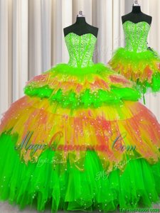 Dazzling Three Piece Visible Boning Tulle Sleeveless Floor Length Quince Ball Gowns and Beading