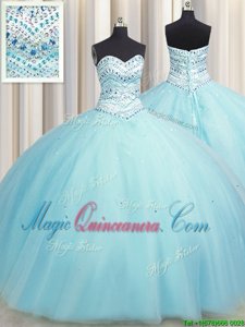 Bling-bling Big Puffy Sweetheart Sleeveless Ball Gown Prom Dress Floor Length Beading Aqua Blue Tulle
