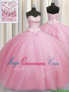 Custom Design Bling-bling Big Puffy Rose Pink Lace Up Sweetheart Beading Quince Ball Gowns Tulle Sleeveless