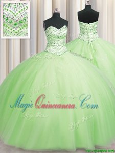 Modern Bling-bling Big Puffy Sweetheart Sleeveless 15th Birthday Dress Floor Length Beading Yellow Green Tulle
