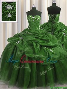 Flare Green Lace Up Quince Ball Gowns Beading and Appliques and Pick Ups Sleeveless Floor Length