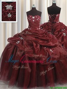 Dramatic Burgundy Lace Up Quince Ball Gowns Beading and Appliques and Pick Ups Sleeveless Floor Length