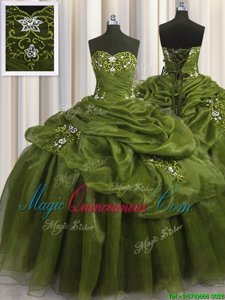 High Quality Pick Ups Olive Green Sleeveless Organza Lace Up Sweet 16 Dresses for Military Ball and Sweet 16 and Quinceanera