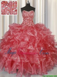 Exceptional Visible Boning Beading and Ruffles Quince Ball Gowns Coral Red Lace Up Sleeveless Floor Length