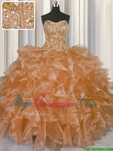 Visible Boning Floor Length Lace Up Sweet 16 Dress Champagne and In for Military Ball and Sweet 16 and Quinceanera with Beading and Ruffles