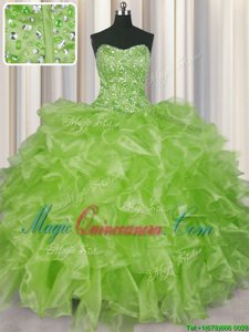 Visible Boning Floor Length Lace Up Quince Ball Gowns Yellow Green and In for Military Ball and Sweet 16 and Quinceanera with Beading and Ruffles