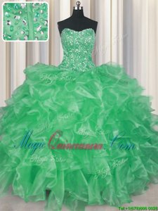 Visible Boning Apple Green Organza Lace Up Quince Ball Gowns Sleeveless Floor Length Beading and Ruffles