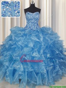 Visible Boning Baby Blue Lace Up Vestidos de Quinceanera Beading and Ruffles Sleeveless Floor Length