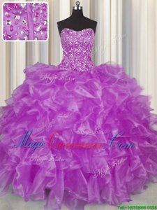 Visible Boning Purple Strapless Neckline Beading and Ruffles Quinceanera Gown Sleeveless Lace Up