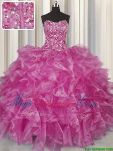Smart Visible Boning Floor Length Lace Up Sweet 16 Quinceanera Dress Lilac and In for Military Ball and Sweet 16 and Quinceanera with Beading and Ruffles