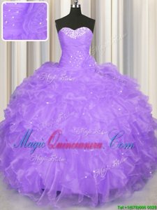 Pretty Lavender Lace Up Sweetheart Beading and Ruffles Ball Gown Prom Dress Organza Sleeveless