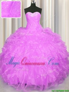 Affordable Lilac Organza Lace Up Sweet 16 Dresses Sleeveless Floor Length Beading and Ruffles
