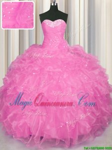 Sweetheart Sleeveless Lace Up Sweet 16 Dress Rose Pink Organza