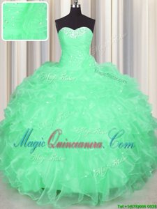Apple Green Organza Lace Up Sweetheart Sleeveless Floor Length Quince Ball Gowns Beading and Ruffles