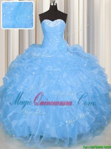 Latest Baby Blue Ball Gowns Organza Sweetheart Sleeveless Beading and Ruffles Floor Length Lace Up Quinceanera Gowns