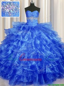 Vintage Organza Sweetheart Sleeveless Lace Up Beading and Ruffled Layers Sweet 16 Quinceanera Dress in Royal Blue