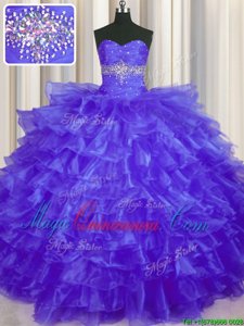 Organza Sweetheart Sleeveless Lace Up Beading and Ruffled Layers 15th Birthday Dress in Purple