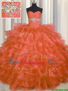 Orange Red Ball Gowns Organza Sweetheart Sleeveless Beading and Ruffled Layers Floor Length Lace Up Quinceanera Dresses