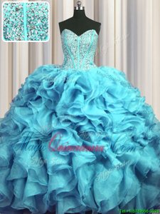 Traditional Visible Boning Bling-bling Aqua Blue Sleeveless Organza Brush Train Lace Up Quinceanera Gown for Military Ball and Sweet 16 and Quinceanera