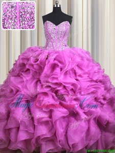 Visible Boning Organza Sleeveless With Train Quinceanera Dresses Brush Train and Beading and Ruffles