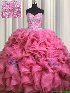 Cute Visible Boning Bling-bling Brush Train Ball Gowns Sweet 16 Dresses Rose Pink Sweetheart Organza Sleeveless With Train Lace Up