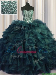 Visible Boning Bling-bling Peacock Green Ball Gowns Organza Sweetheart Sleeveless Beading and Ruffles With Train Lace Up Quinceanera Dresses Brush Train